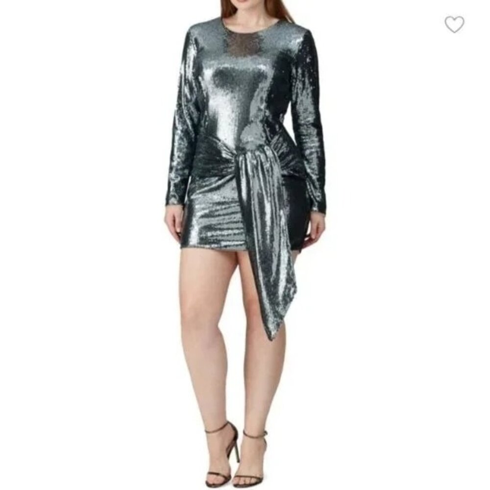 Toccin New York Front Tie Sequin Mini Dress Long Sleeve Silver Size 6